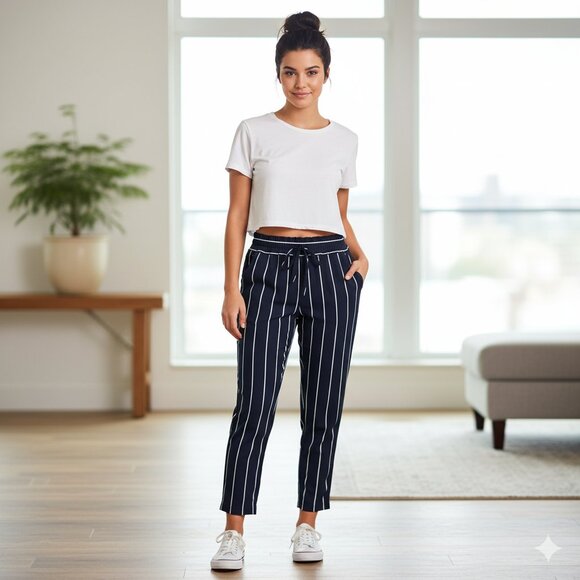 Zara Striped Trousers Pant High Rise Waist Straight Leg Crop Navy Blue Size XS - Picture 6 of 12